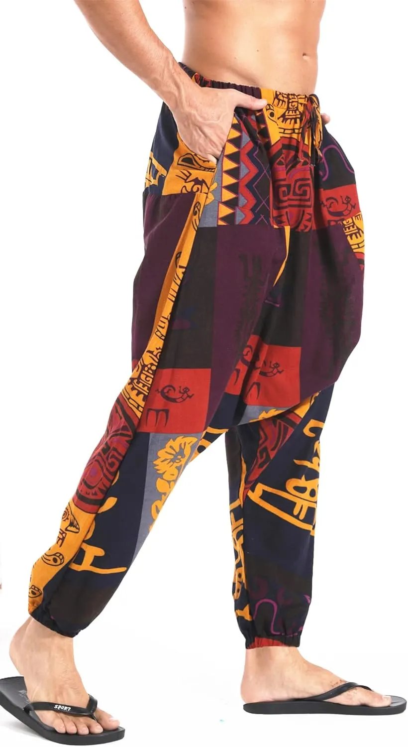 AITFINEISM Men's Drawstring Aladdin Hippie Harem Pants Loose Drop Crotch Trousers