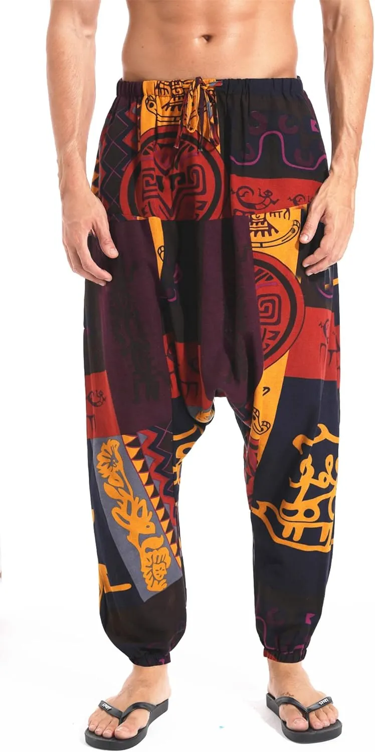 AITFINEISM Men's Drawstring Aladdin Hippie Harem Pants Loose Drop Crotch Trousers