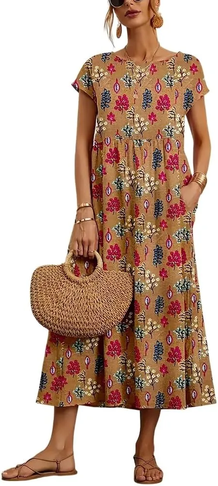 Akivide Women's Summer Cotton Linen Floral Printed Short Sleeve Dress Crew Neck Loose Casual Beach Dresses with Pockets