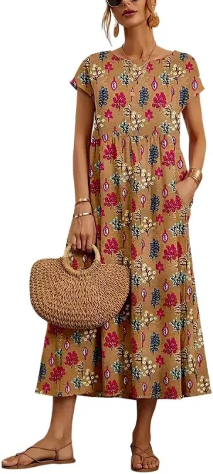 Akivide Women's Summer Cotton Linen Floral Printed Short Sleeve Dress Crew Neck Loose Casual Beach Dresses with Pockets