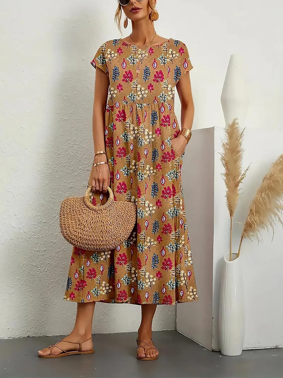 Akivide Women's Summer Cotton Linen Floral Printed Short Sleeve Dress Crew Neck Loose Casual Beach Dresses with Pockets
