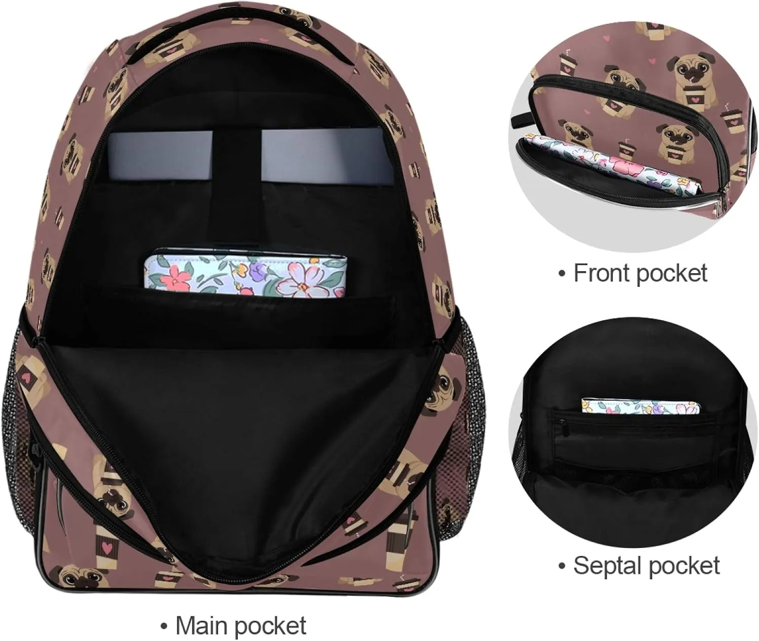 ALAZA Pug Dog with Coffee Pattern Backpack Daypack Laptop Work Travel College Bag for Men Women Fits 15.6 Inch Laptop