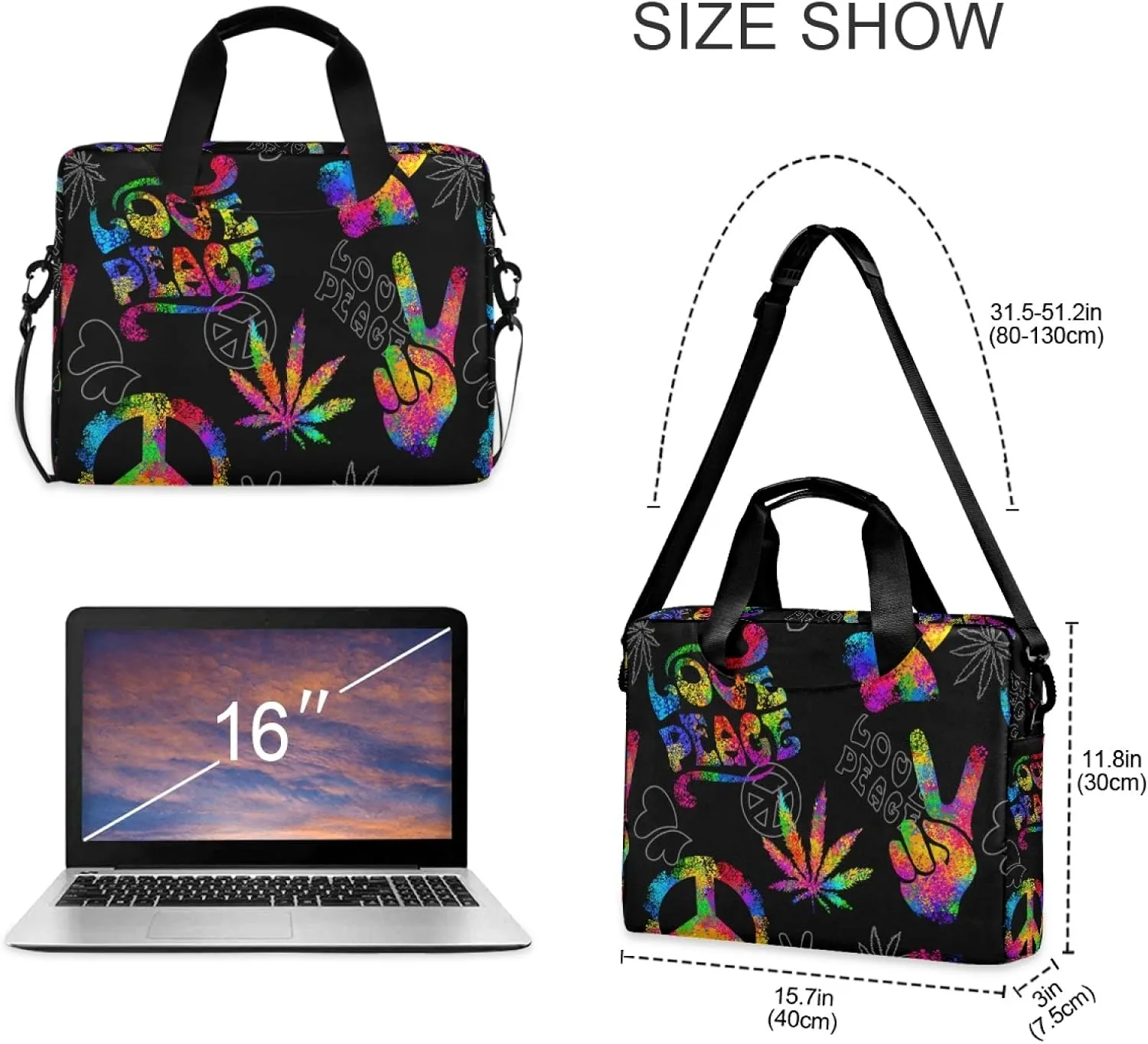 ALAZA Rainbow Peace Love Sign Gesture Laptop Case Bag Sleeve Portable Crossbody Messenger Briefcase w/Strap Handle, 13 14 15.6 inch