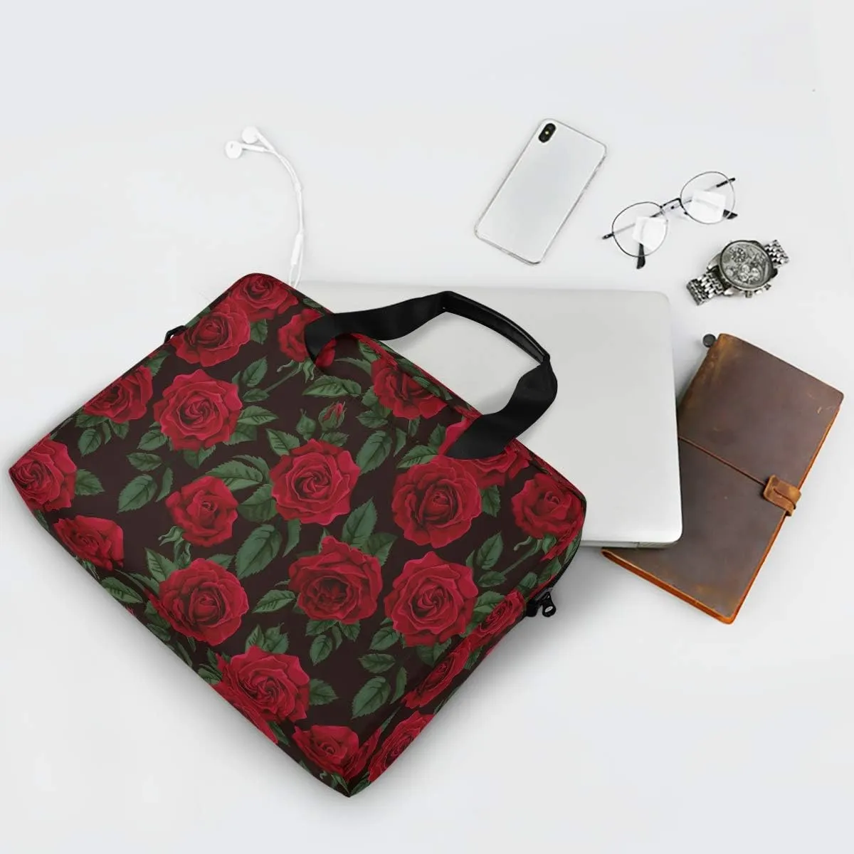 ALAZA Red Rose Flower Floral Laptop Case Bag Sleeve Portable Crossbody Messenger Briefcase w/Strap Handle, 13 14 15.6 inch
