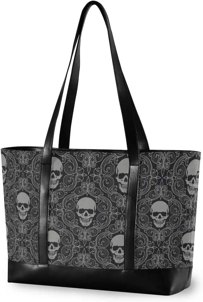 ALAZA Skull Pattern Laptop Tote Bag,Fits 15.6 Inch Laptop,Womens Lightweight Canvas Leather Tote Bag Shoulder Bag