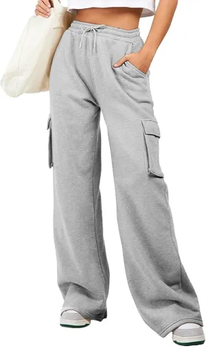 Aleumdr Women High Waisted Drawstring Wide Leg Cargo Pants 2025 Trendy Casual Baggy Joggers Pants with Pockets