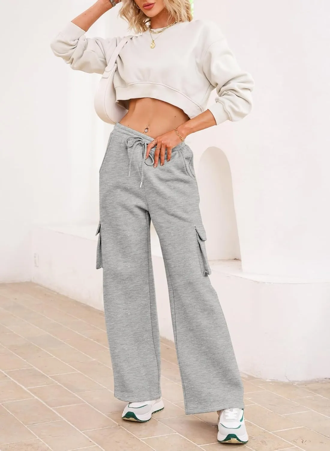Aleumdr Women High Waisted Drawstring Wide Leg Cargo Pants 2025 Trendy Casual Baggy Joggers Pants with Pockets