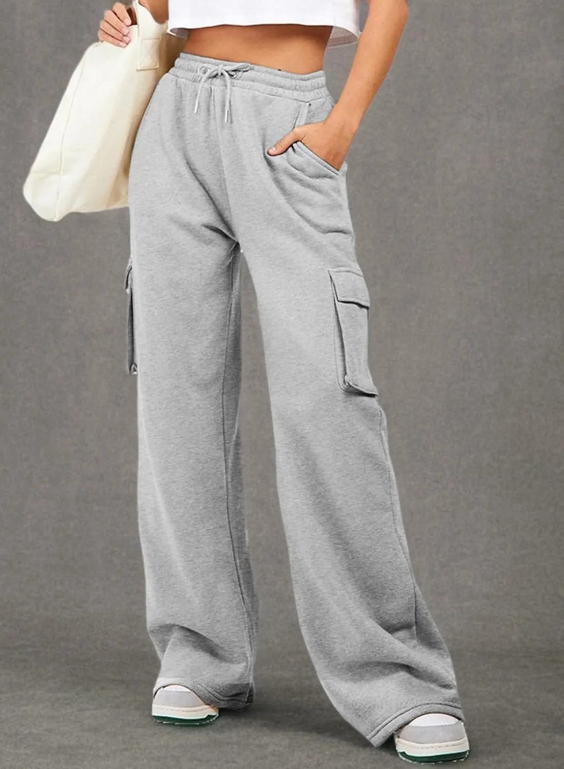 Aleumdr Women High Waisted Drawstring Wide Leg Cargo Pants 2025 Trendy Casual Baggy Joggers Pants with Pockets