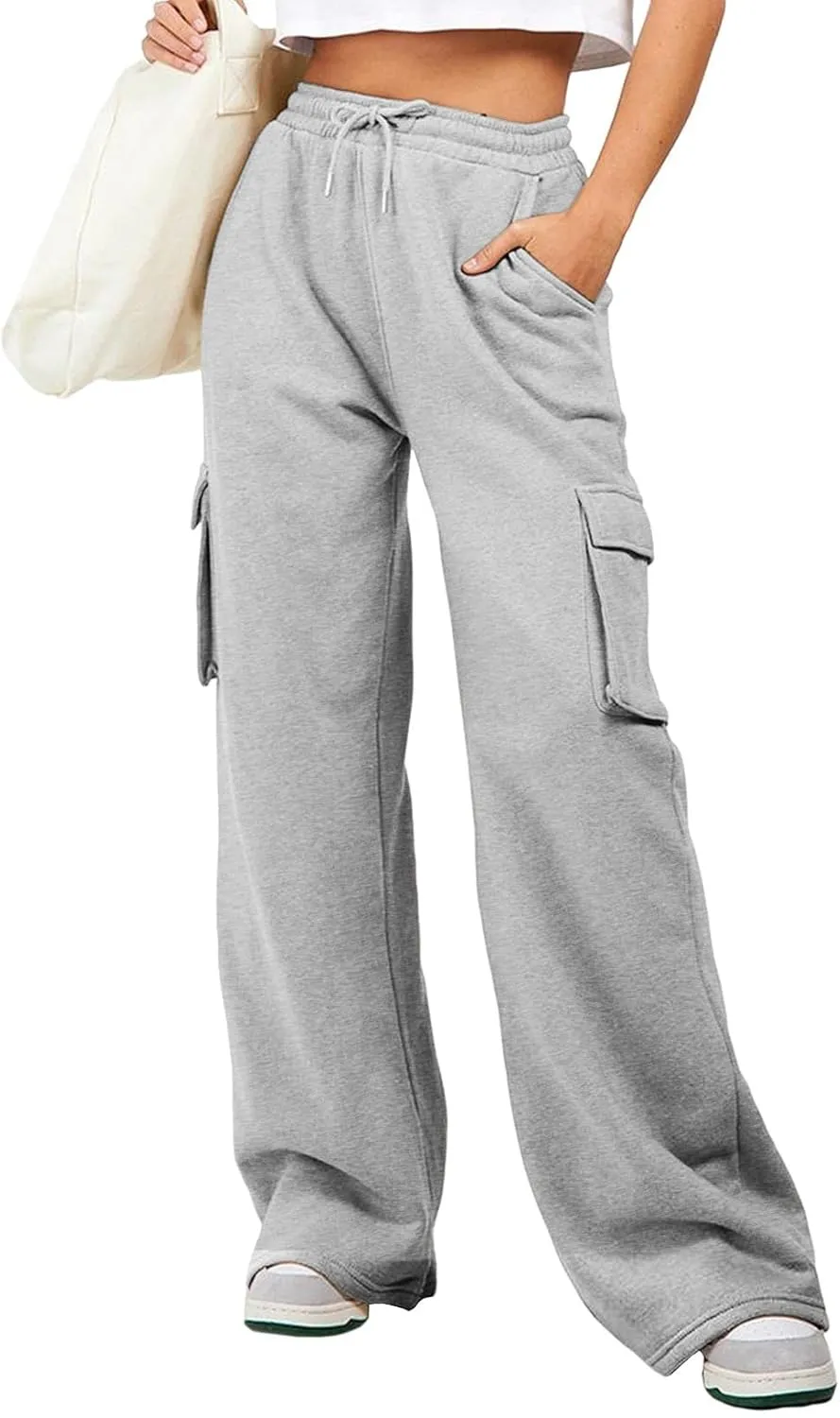 Aleumdr Women High Waisted Drawstring Wide Leg Cargo Pants 2025 Trendy Casual Baggy Joggers Pants with Pockets