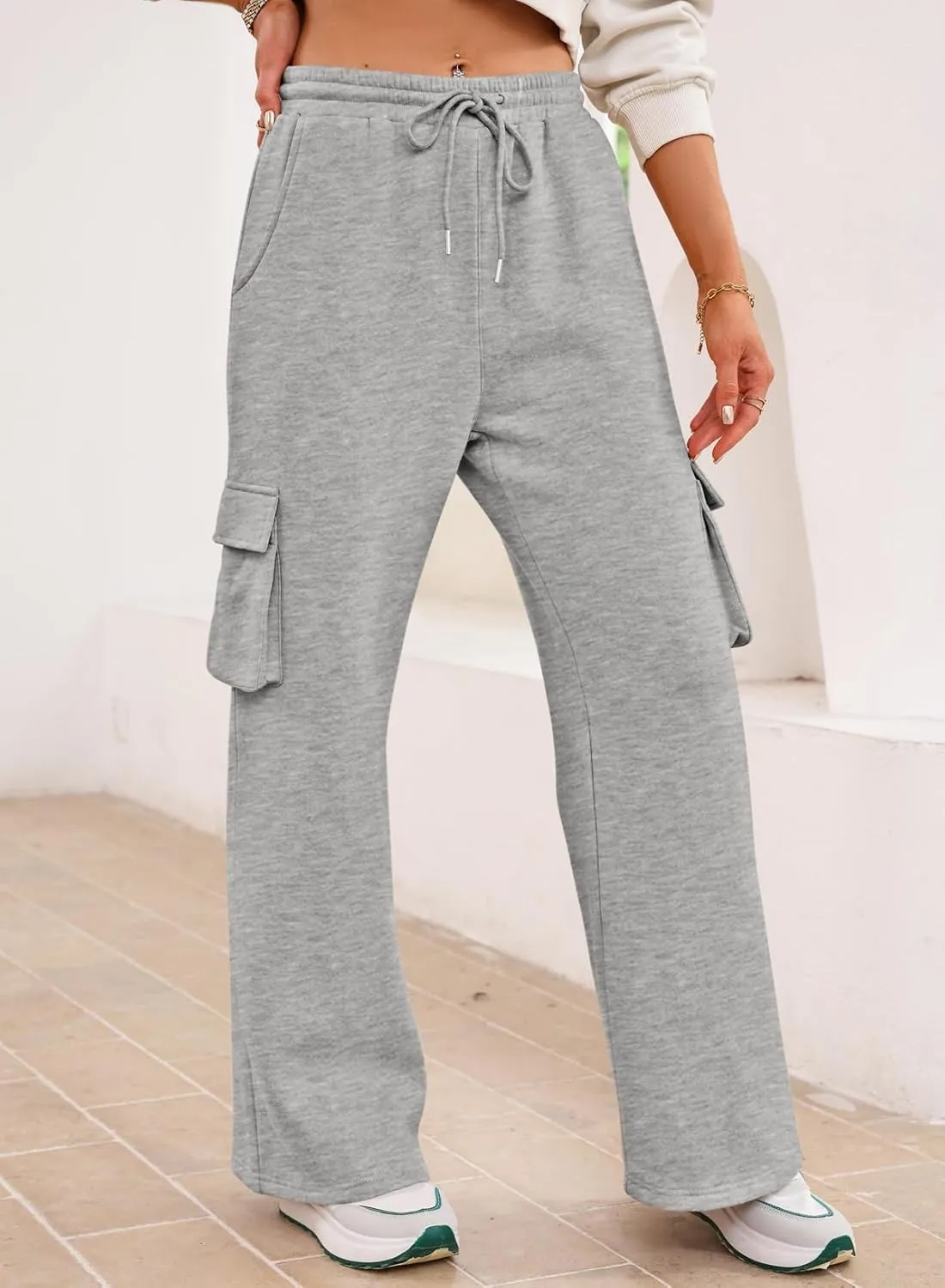 Aleumdr Women High Waisted Drawstring Wide Leg Cargo Pants 2025 Trendy Casual Baggy Joggers Pants with Pockets