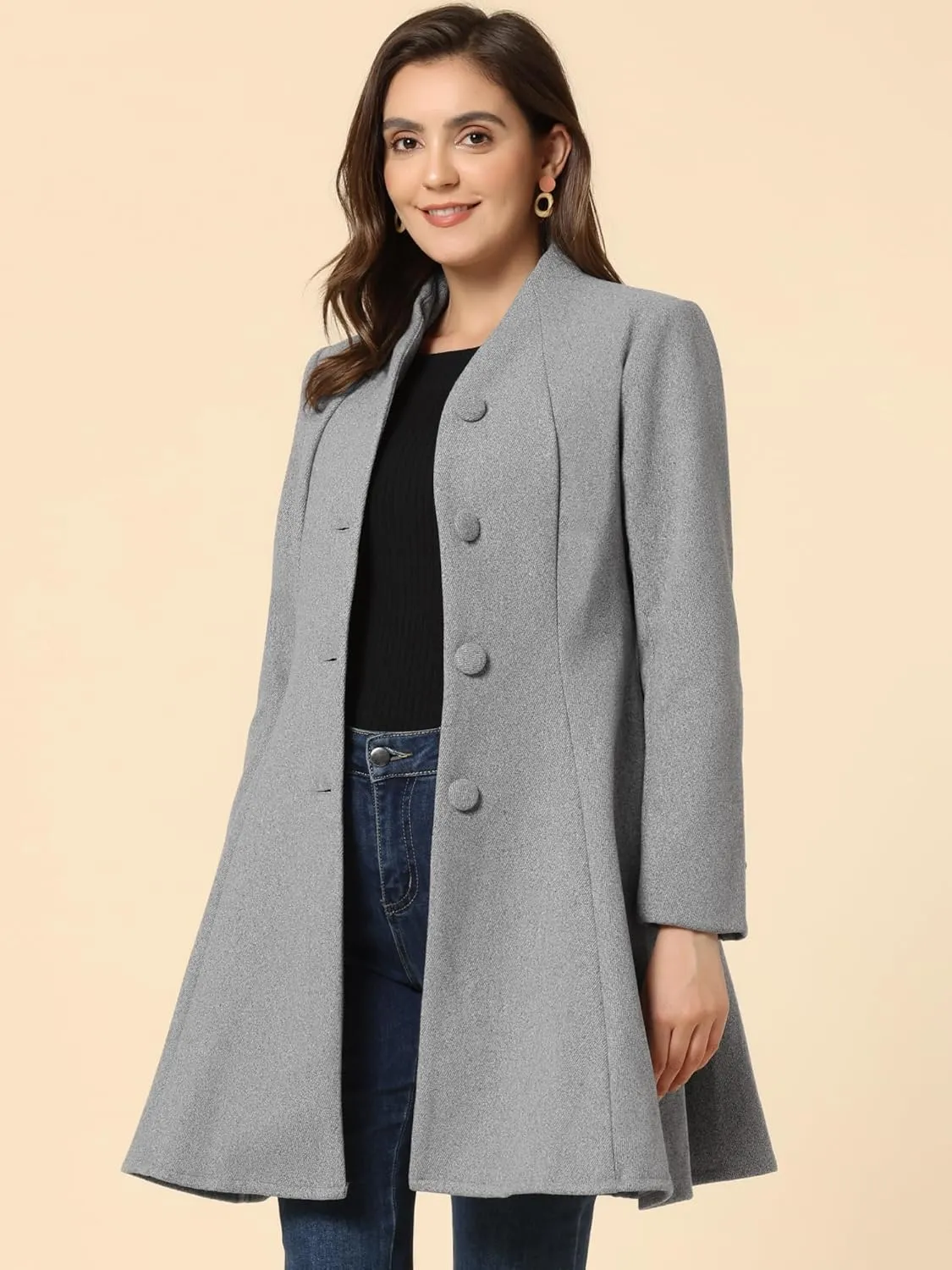 Allegra K Women's Single Breasted Coat A Line Mid-Long Pea Outerwear Winter Coat