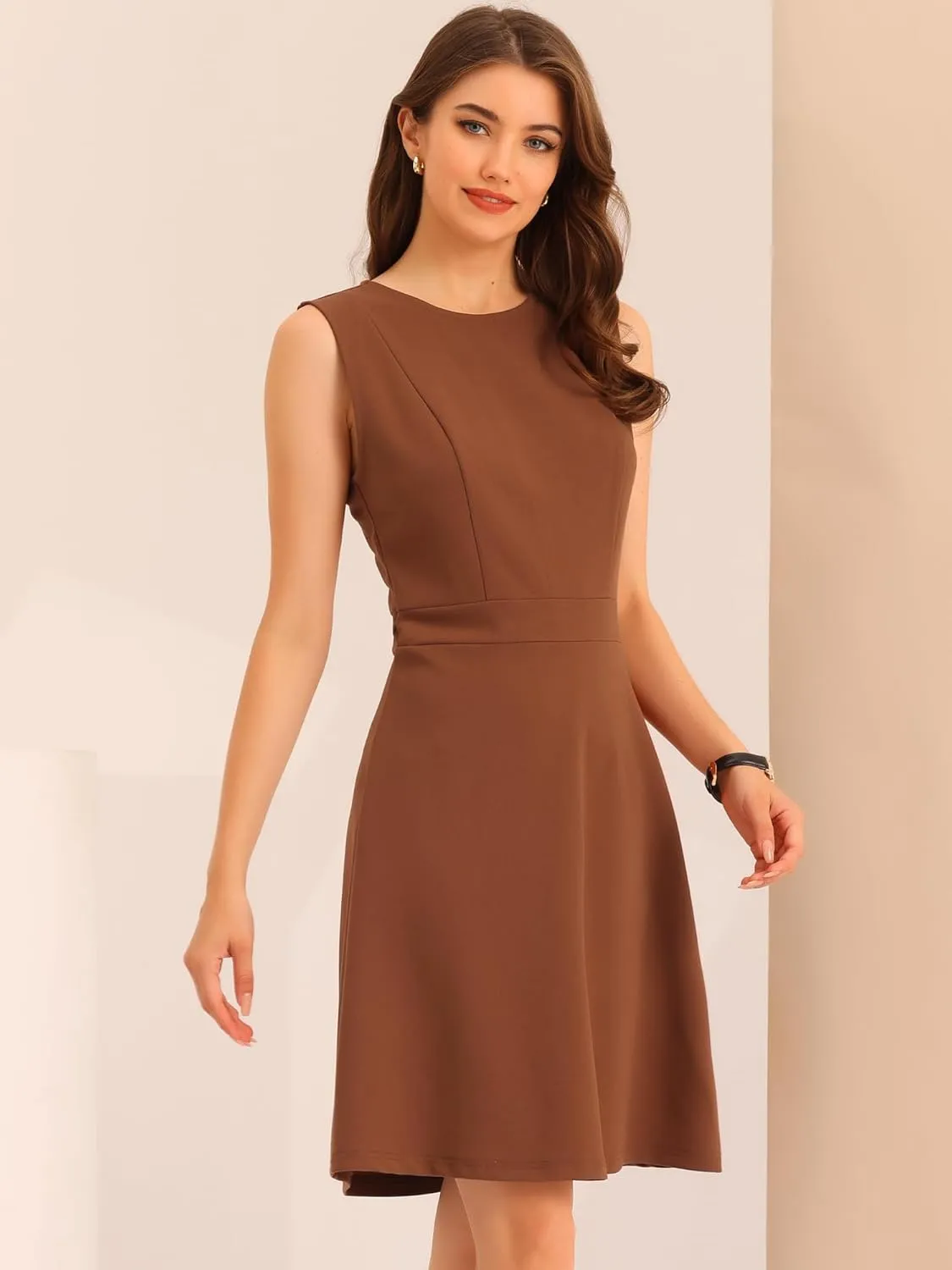 Allegra K Women's Work Dress Round Neck Solid Color Sleeveless A-Line Casual Office Dresses