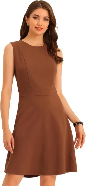 Allegra K Women's Work Dress Round Neck Solid Color Sleeveless A-Line Casual Office Dresses