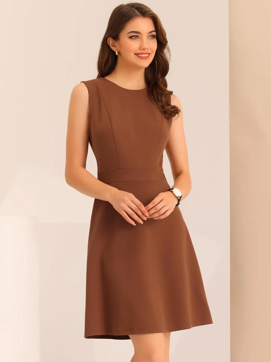 Allegra K Women's Work Dress Round Neck Solid Color Sleeveless A-Line Casual Office Dresses