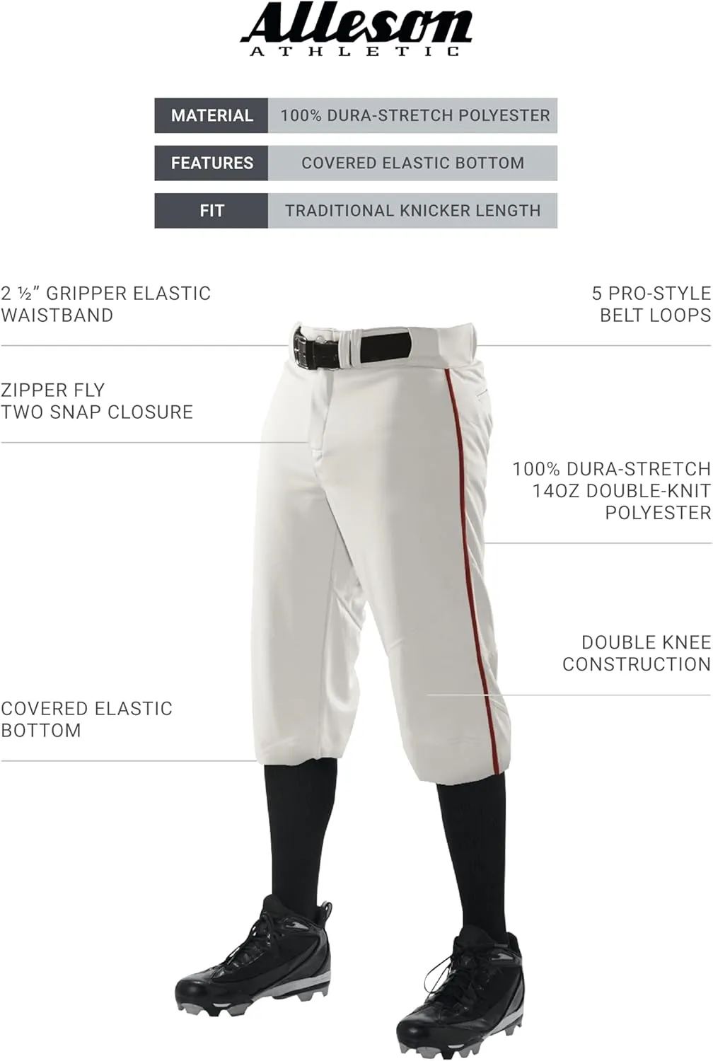 Alleson Athletic Men's Crush Knicker Braided Baseball Pant – Pro-Style Fit, Durable Fabric, Moisture-Wicking