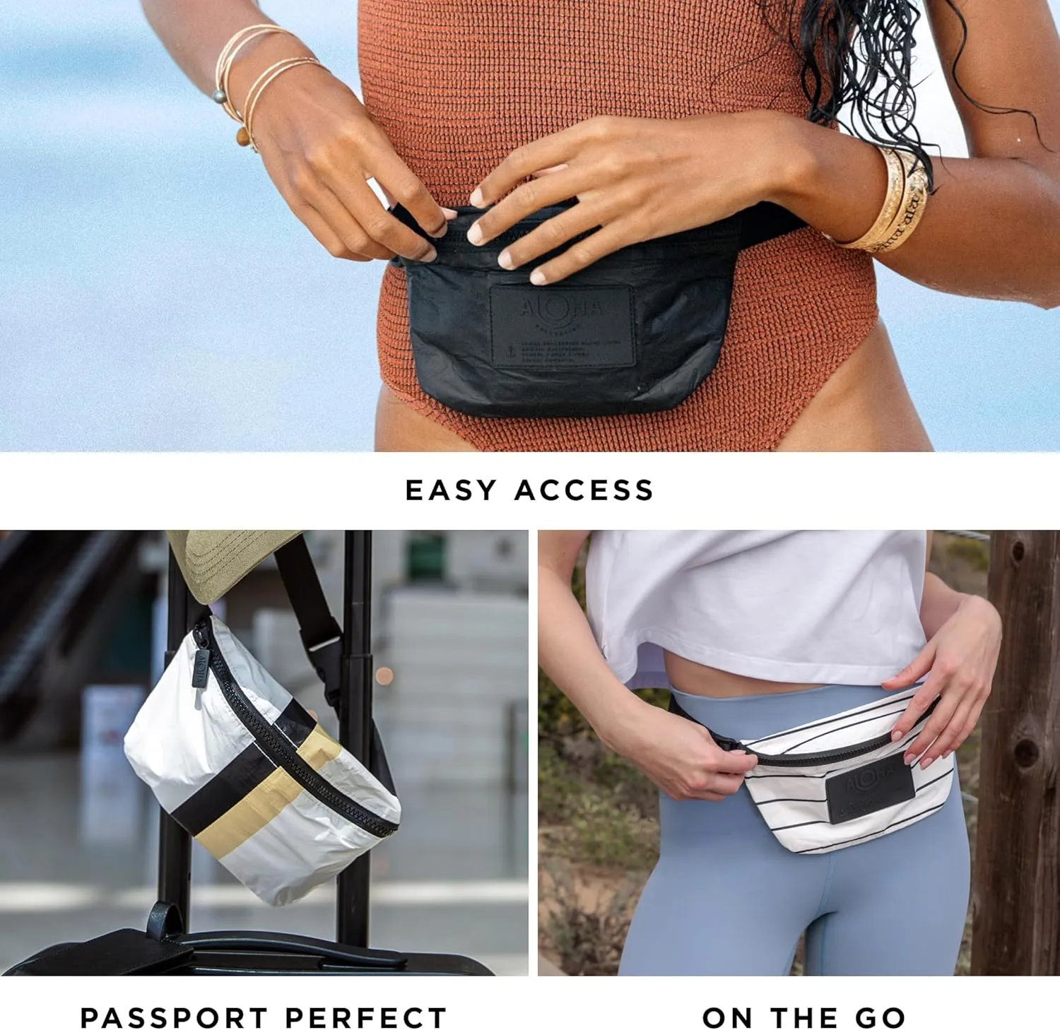 ALOHA Collection Black Mini Hip Pack, Lightweight, Packable, & Splash-Proof - Durable, Washable, & Reusable Fanny Pack for Gym, Beach & Travel, Easy to Clean Material (8.5" x 3.75")