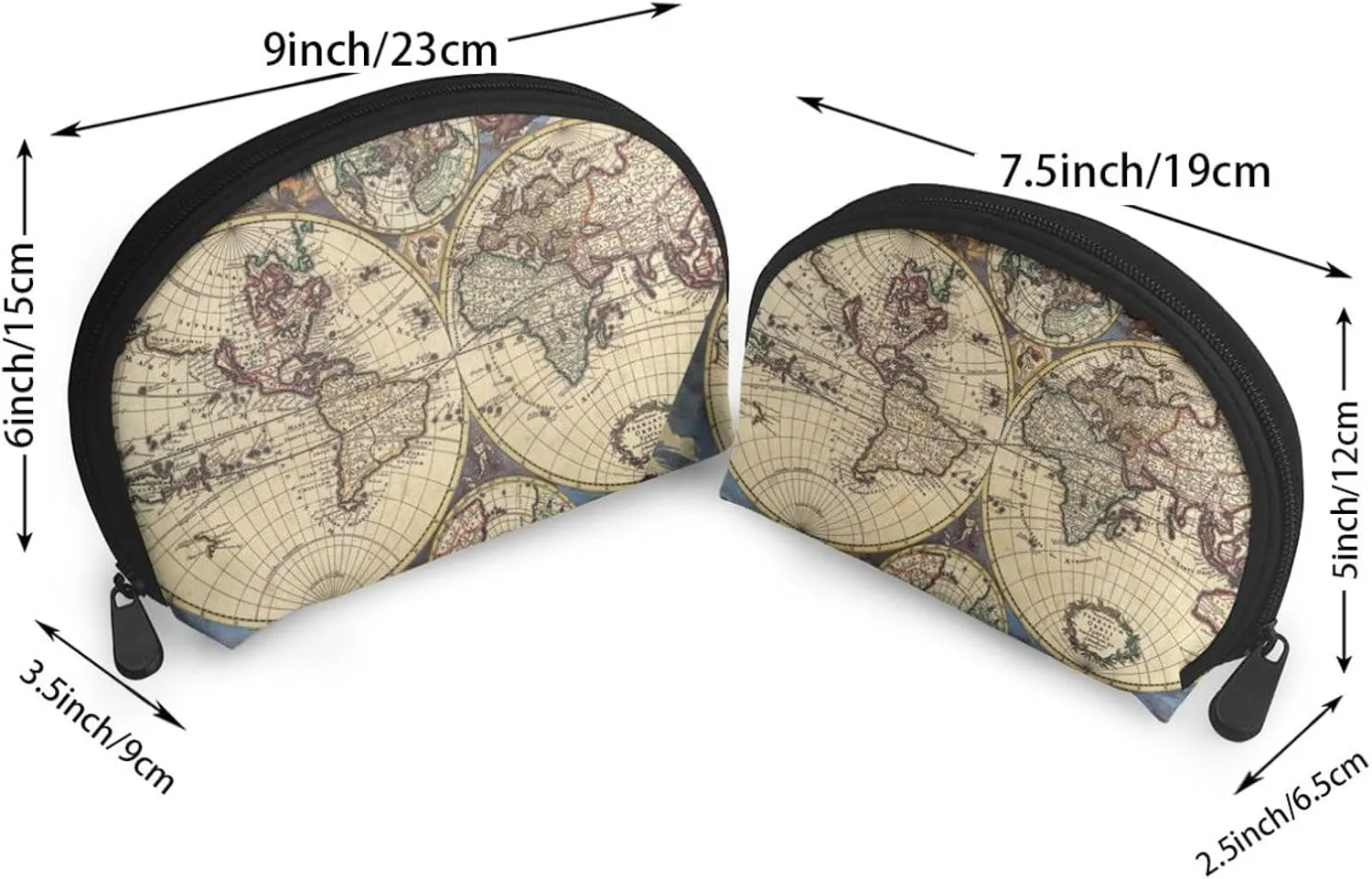 AMAZWI Ancient Map World Globe 2 Pcs Cosmetic Bags Portable Bag Clutch Pouch Travel Purse With Zipper Handbag Organizer,Unisex