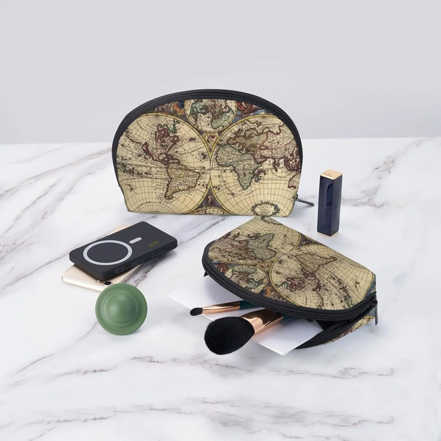 AMAZWI Ancient Map World Globe 2 Pcs Cosmetic Bags Portable Bag Clutch Pouch Travel Purse With Zipper Handbag Organizer,Unisex