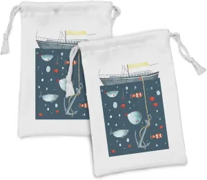 Ambesonne Anchor Fabric Pouch Set of 2, Colorful Ocean Wildlife Pattern Clown Fish Exotic Subaquatic Animals Ecological, Small Drawstring Bag for Toiletries Masks and Favors, 9" x 6", Multicolor