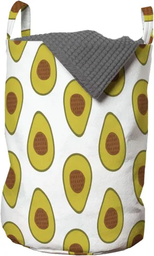 Ambesonne Avocado Laundry Bag, Doodle Style Fruits Exotic Tropical Composition with Dashed Lines Ecology, Hamper Basket with Handles Drawstring Closure for Laundromats, 13" x 19", Yellow Green Brown