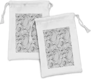 Ambesonne Black and White Fabric Pouch Set of 2, Doodle Design Abstract Curled Waves Pattern Asymmetrical Spirals Theme, Small Drawstring Bag for Toiletries Masks and Favors, 9" x 6", Black and White