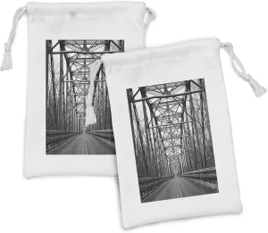 Ambesonne Black and White Fabric Pouch Set of 2, Road Through Bridge Tunnel Urban City and Modern Architecture Image, Small Drawstring Bag for Toiletries Masks and Favors, 9" x 6", Black White Grey
