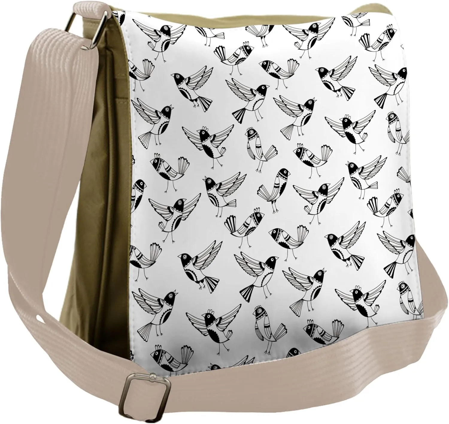 Ambesonne Black and White Messenger Bag, Curious Bird Motifs, Unisex Cross-body