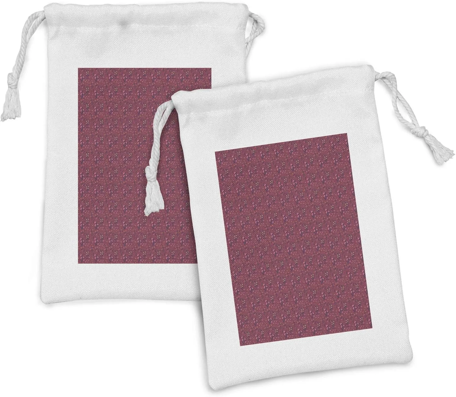 Ambesonne Botanical Fabric Pouch Set of 2, Spring Flowers Leafy Branches Repetition, Small Drawstring Bag for Toiletries Masks and Favors, 9" x 6", Raspberry Eggplant