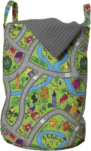 Ambesonne Car Race Track Laundry Bag, Hand-Drawn Style Suburb Cartoon Roadway Activity Design Neighborhood, Hamper Basket with Handles Drawstring Closure for Laundromats, 13" x 19", Multicolor