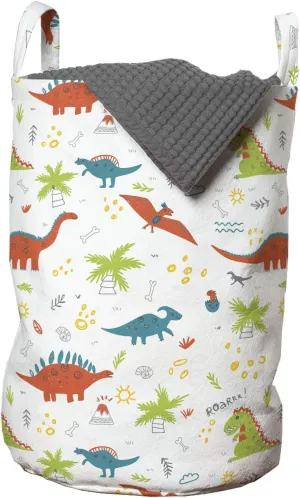 Ambesonne Cartoon Laundry Bag, Prehistoric Nature Doodle with Dinosaurs Volcano Palm Trees Hand Drawn Wildlife, Hamper Basket with Handles Drawstring Closure for Laundromats, 13" x 19", Multicolor