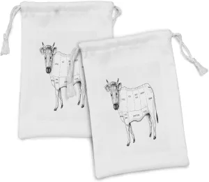 Ambesonne Charcoal Grey Fabric Pouch Set of 2, Chuck Rib Sirloin Round Flank Brisket Cow Parts Illustration Food Details, Small Drawstring Bag for Toiletries Masks and Favors, 9" x 6", White