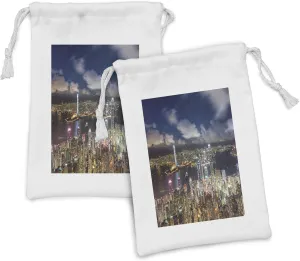 Ambesonne Cityscape Fabric Pouch Set of 2, Night View Hong Kong Victoria Harbor Business Financial District Cityscape Print, Small Drawstring Bag for Toiletries Masks and Favors, 9" x 6", Navy White