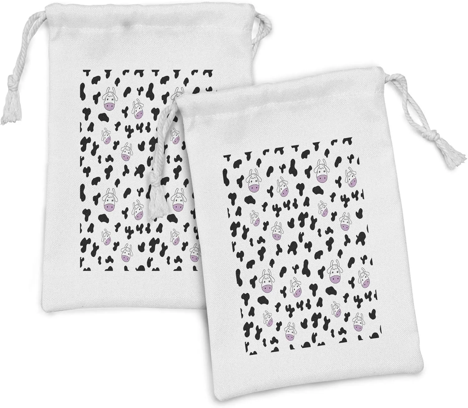 Ambesonne Cow Print Fabric Pouch Set of 2, Animal Cow Hide Pattern Doodle Cartoon Drawing Farming Husbandry, Small Drawstring Bag for Toiletries Masks and Favors, 9" x 6", Black White Lilac