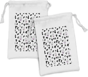 Ambesonne Cow Print Fabric Pouch Set of 2, Animal Cow Hide Pattern Doodle Cartoon Drawing Farming Husbandry, Small Drawstring Bag for Toiletries Masks and Favors, 9" x 6", Black White Lilac