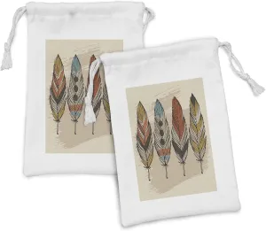 Ambesonne Feather Fabric Pouch Set of 2, Hand Drawn Quills Composition on Beige Paint Smear Background, Small Drawstring Bag for Toiletries Masks and Favors, 9" x 6", Beige Multicolor