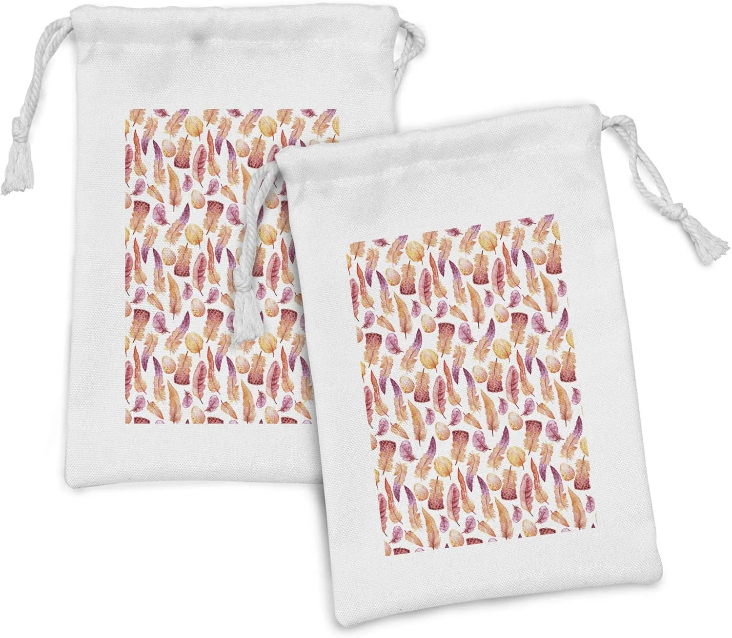 Ambesonne Feather Fabric Pouch Set of 2, Quills with Brush Marks Hand Drawn Nature Illustration Inspirations, Small Drawstring Bag for Toiletries Masks and Favors, 9" x 6", Orange Beige Purple