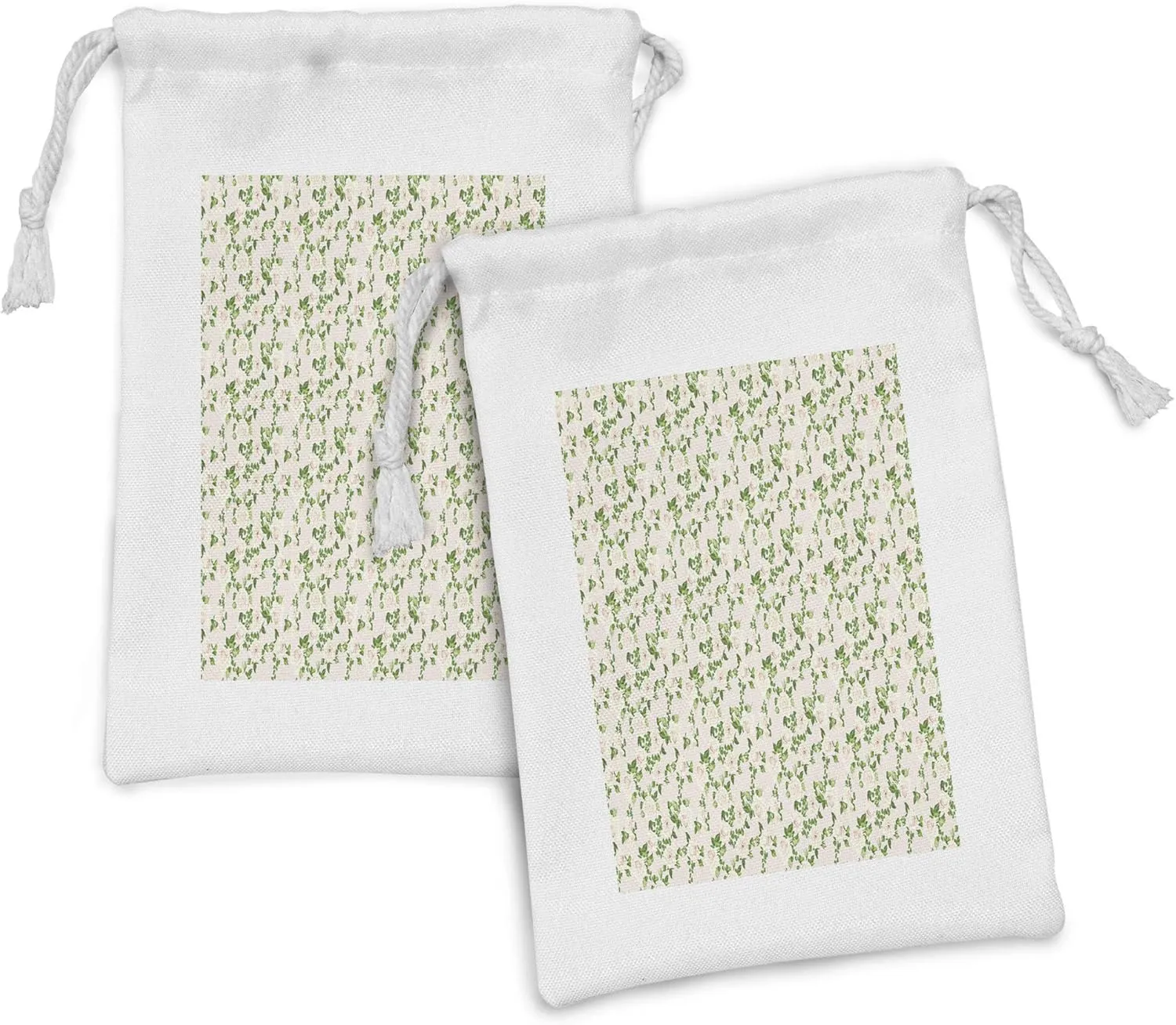 Ambesonne Floral Fabric Pouch Set of 2, Repeating Pastel Rose Flowers Naive Simple Illustration, Small Drawstring Bag for Toiletries Masks and Favors, 9" x 6", Fern Green Ivory