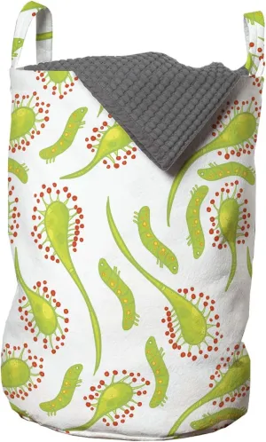 Ambesonne Foliage Laundry Bag, Sundew Plant and Larva Doodle Carnivorous Plant Illustration, Hamper Basket with Handles Drawstring Closure for Laundromats, 13" x 19", Apple Green Vermilion