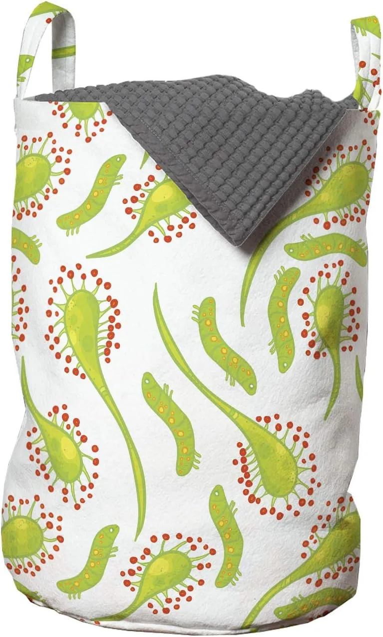 Ambesonne Foliage Laundry Bag, Sundew Plant and Larva Doodle Carnivorous Plant Illustration, Hamper Basket with Handles Drawstring Closure for Laundromats, 13" x 19", Apple Green Vermilion