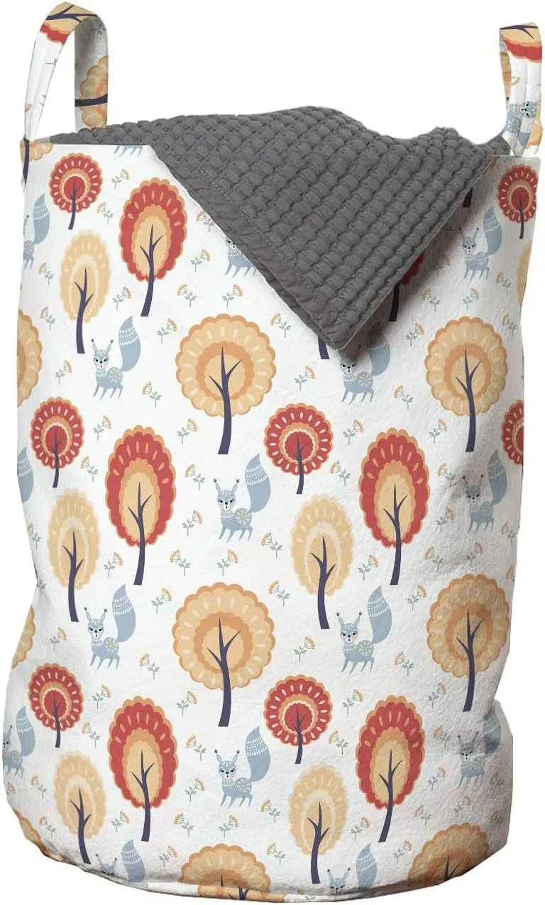 Ambesonne Folk Laundry Bag, Ornamental Animal Doodle with Trees, Hamper Basket with Handles Drawstring Closure for Laundromats, 13" x 19", White Multicolor