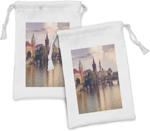 Ambesonne Landscape Fabric Pouch Set of 2, Pastoral View at Charles Bridge Spires of Prague Central Europe Gothic Buildings, Small Drawstring Bag for Toiletries Masks and Favors, 9" x 6", Multicolor