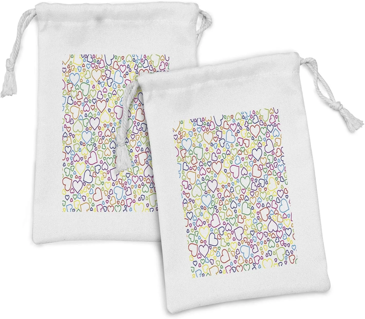 Ambesonne Love Fabric Pouch Set of 2, Affection Doodle Style Pleasure Flourishes Curls Classics Pop Artwork Print, Small Drawstring Bag for Toiletries Masks and Favors, 9" x 6", Multicolor