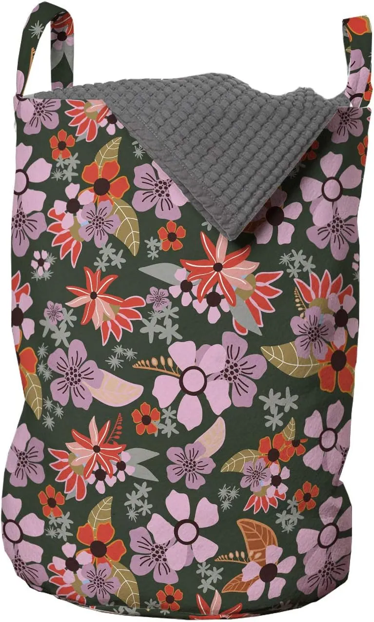 Ambesonne Meadow Laundry Bag, Flourish Season Rural Fragrance Petals Shabby Doodle Summer Bouquets, Hamper Basket with Handles Drawstring Closure for Laundromats, 13" x 19", Pale Pink Red Green