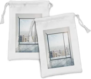 Ambesonne Modern Fabric Pouch Set of 2, Empty Loft Cityscape Apartment Buildings Industrial Landscape Image Print, Small Drawstring Bag for Toiletries Masks and Favors, 9" x 6", Pale Grey and White