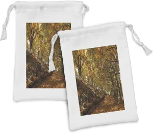 Ambesonne Nature Fabric Pouch Set of 2, Autumn Foliage Forest with Deciduous Trees Faded Fall Leaves Surreal Image, Small Drawstring Bag for Toiletries Masks and Favors, 9" x 6", Brown Amber Marigold