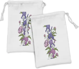 Ambesonne Peony Fabric Pouch Set of 2, Naive Hand Drawn Flowers Purple Tones Iris Flower, Small Drawstring Bag for Toiletries Masks and Favors, 9" x 6", White Multicolor