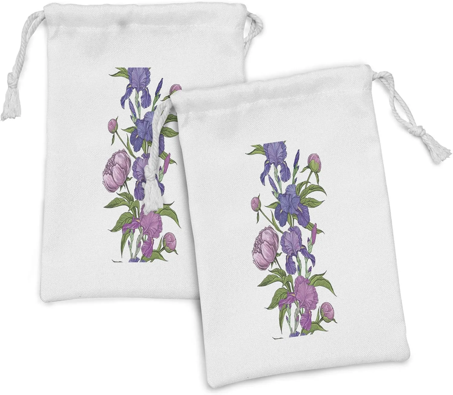 Ambesonne Peony Fabric Pouch Set of 2, Naive Hand Drawn Flowers Purple Tones Iris Flower, Small Drawstring Bag for Toiletries Masks and Favors, 9" x 6", White Multicolor