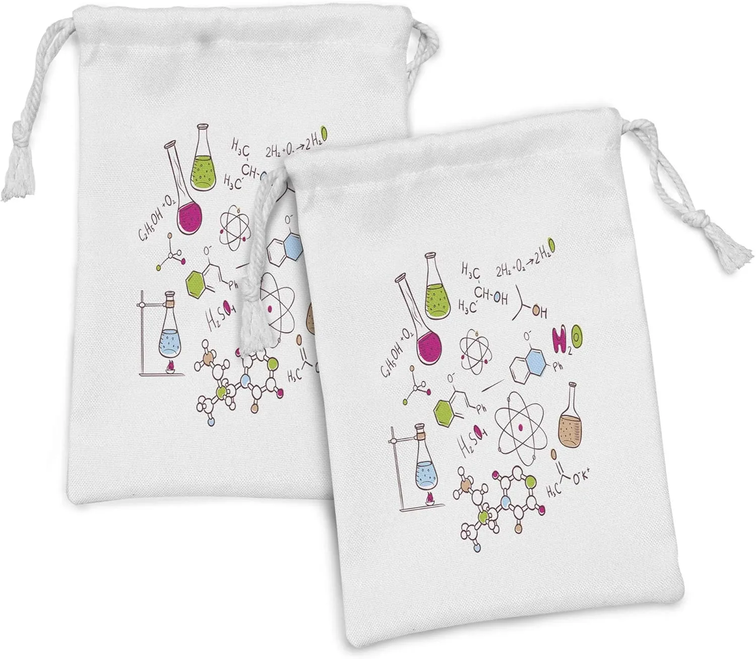 Ambesonne Science Fabric Pouch Set of 2, Doodle Style Hand Drawn Chemistry Composition Atom Molecules Flask, Small Drawstring Bag for Toiletries Masks and Favors, 9" x 6", Green Blue Pink