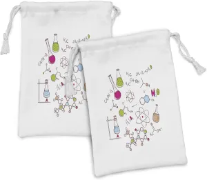 Ambesonne Science Fabric Pouch Set of 2, Doodle Style Hand Drawn Chemistry Composition Atom Molecules Flask, Small Drawstring Bag for Toiletries Masks and Favors, 9" x 6", Green Blue Pink