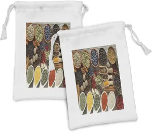 Ambesonne Spice Fabric Pouch Set of 2, Traditional Additives Placed into Bowls and Spoons Vivid Tones and Scents Diversity, Small Drawstring Bag for Toiletries Masks and Favors, 9" x 6", Multicolor